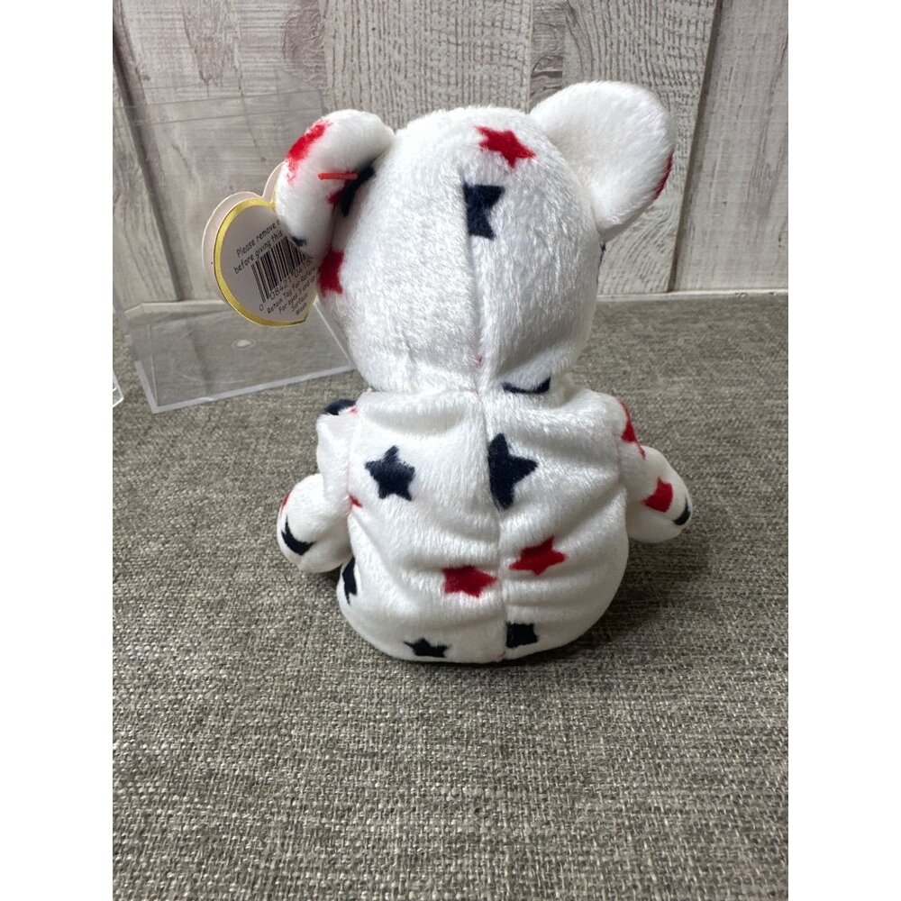 Ty Beanie Baby Glory Bear 1998 U.S. Flag White With Red & Blue Stars and Case - Picture 3 of 9
